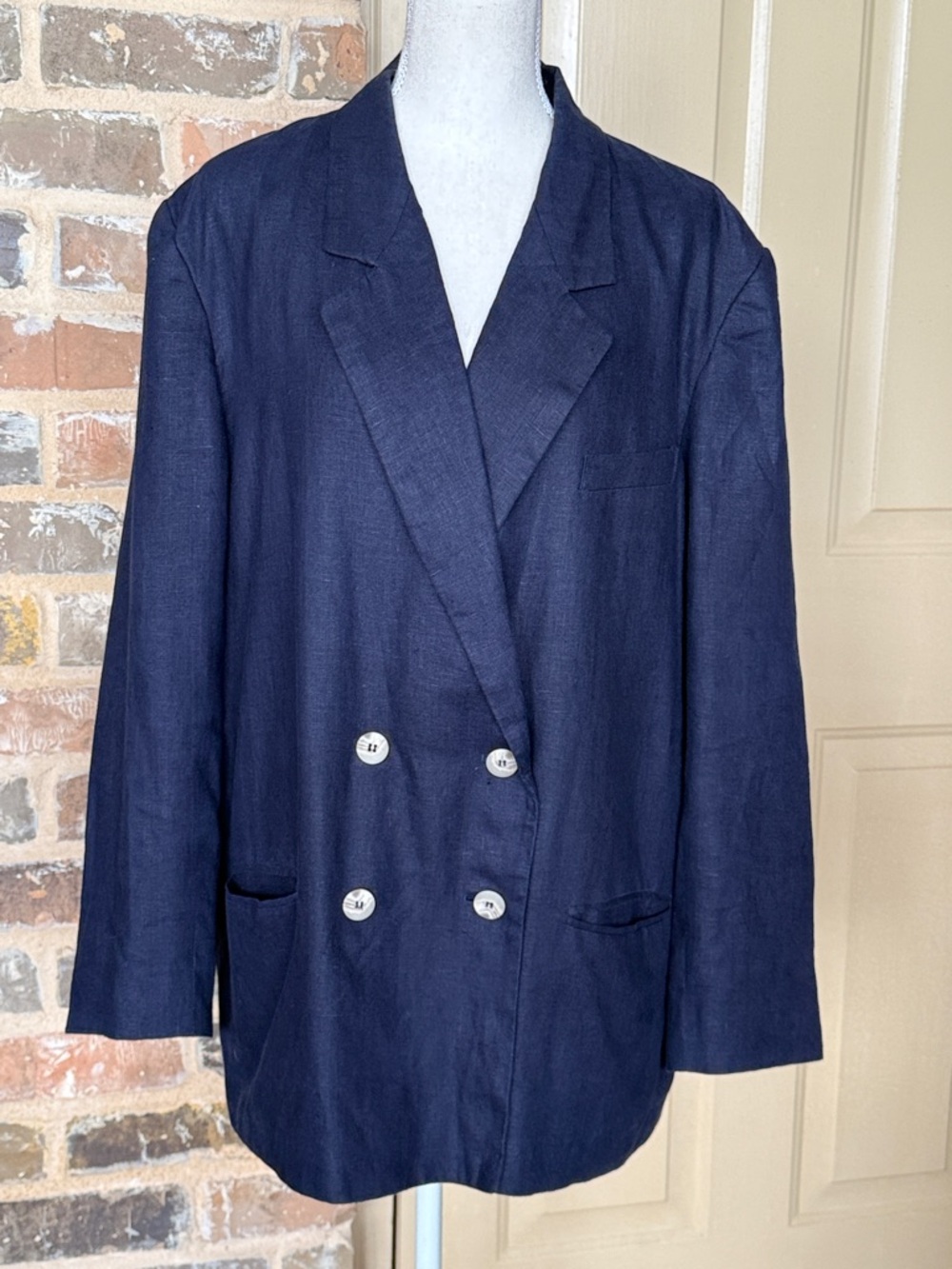 Vintage Navy Double-Breasted Linen Blazer Timeless Classic 80s Structured